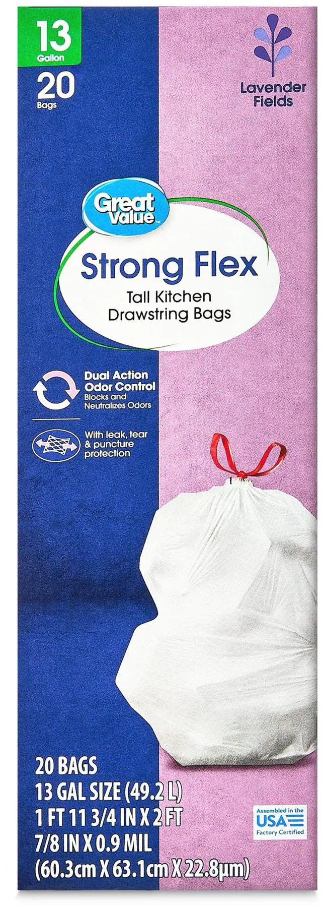 Main image of Great Value Strong Flex 13-Gallon Drawstring Tall Kitchen Trash Bags, Lavender Fields Scent, 20 Bags