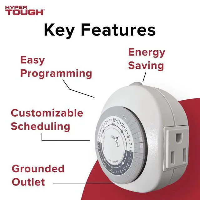 Alt view image 2 of 7 - Hyper Tough Indoor Grounded Analog Timer with 3-Prong Outlet, 15 Amps