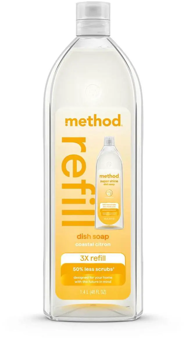Main image of Method Super Shine Liquid Dish Soap Refill, Powered by Enzymes, Coastal Citron Scented, 48 fl oz