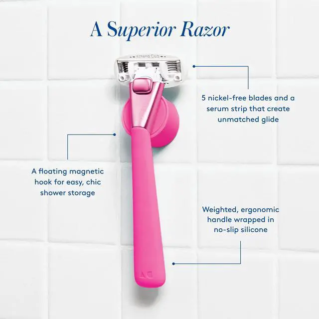 Alt view image 5 of 6 - Athena Club Women's Razor Kit - Razor Handle, 2 5-Blade Refills, Shower Holder in Super Pink