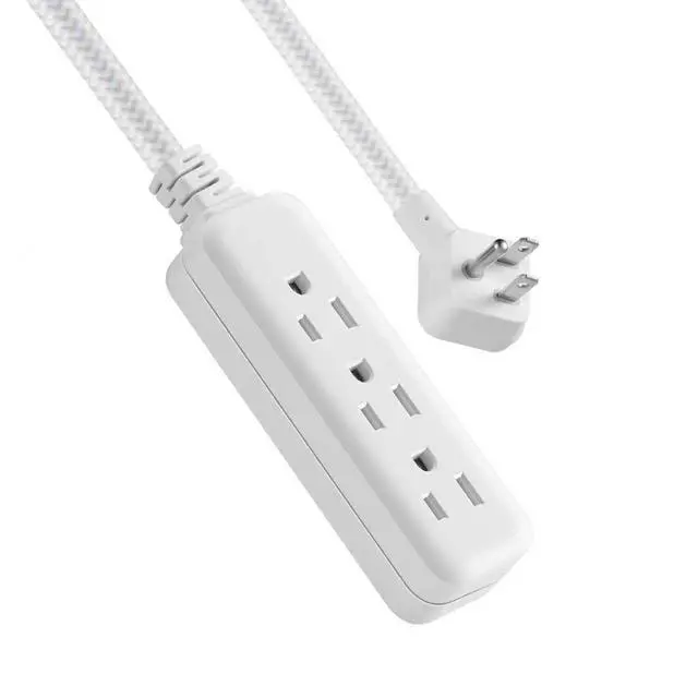 Alt view image 5 of 5 - Hyper Tough Flat Plug Extension Cord, 3 Outlets, 2 ft Braided Fabric Cord, 3-Prong Grounded, Indoor, White