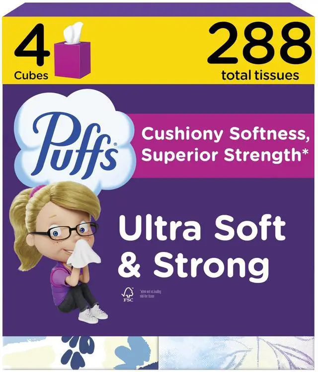 Main image of Puffs Facial Tissues Ultra Soft, 4 Mega Cube Boxes, 72 Facial Tissues per Box, Allergies and Colds (Packaging May Vary)