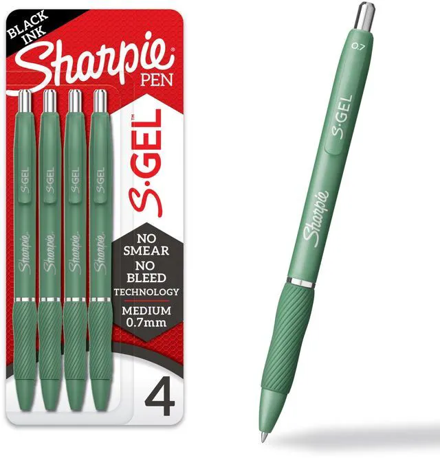 Main image of Sharpie S-Gel Gel Pens, Green Barrel, Black Ink, Medium Point (0.7mm), 4 Count - For Home, Office, College, Journaling, Drawing, Note-Taking, Writing