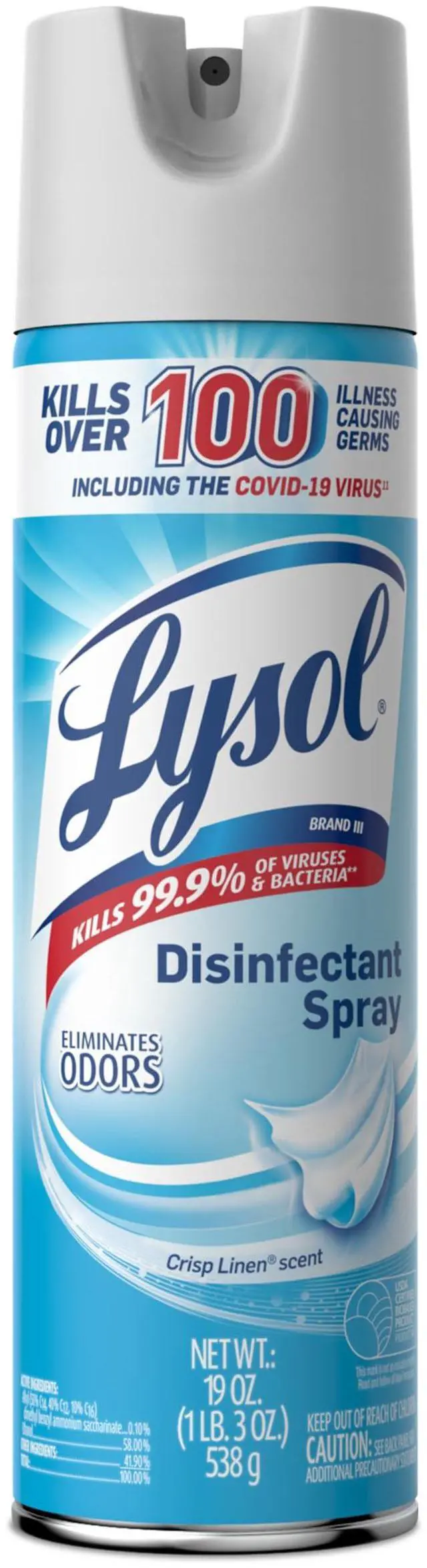 Main image of Lysol Disinfectant Spray, Household Essential Cleaning Supplies, Multi-Purpose Room Spray, Antibacterial Sanitizer Spray, Upholstery Deodorizer, Home and Bathroom, Crisp Linen,19 Fl Oz