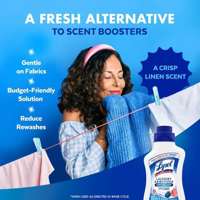 Alt view image 5 of 6 - Lysol Disinfectant Laundry Sanitizer & Scent Booster, Laundry Detergent Additive, Color Safe Bleach Alternative, Laundry Odor Eliminator, Kills Bacteria & Viruses, Crisp Linen Scent, 41 Fl Oz Liquid