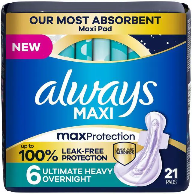 Main image of Always Maxi Overnight Feminine Pads with Wings for Women, Size 6, Ultimate Heavy Overnight Absorbency, Unscented, Up to 100% Leak-Free Protection, 21 Count