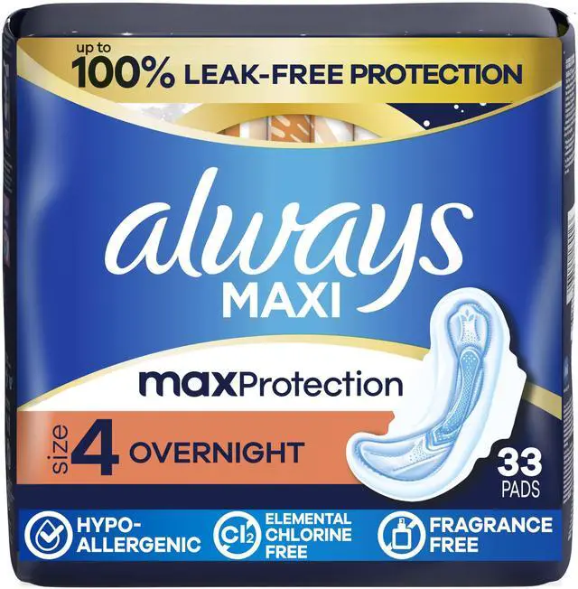 Main image of Always Maxi Overnight Pads with Wings for Women, Size 4, Overnight Absorbency, Unscented, 33 Count