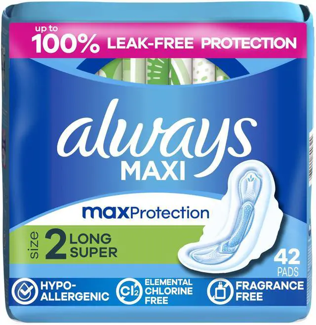Main image of Always Maxi Feminine Pads with Wings for Women, Size 2, Long Super Absorbency, Unscented 42 Count