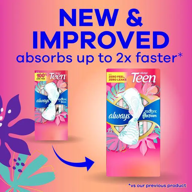 Alt view image 5 of 6 - Always Radiant Teen Feminine Pads for Women, Size 1 Regular Absorbency, with Wings, Unscented, 14 Count