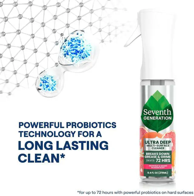 Alt view image 3 of 6 - Seventh Generation Ultra Deep Probiotic Multi Surface Cleaner, 9.4 Fl Oz, Grapefruit & Orange, 80% USDA Biobased All Purpose Cleaning Spray, Breaks Down Tough Grease & Grime, Safe for Kids & Pets