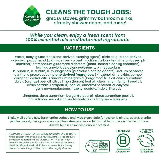 Alt view image 5 of 6 - Seventh Generation Ultra Deep Probiotic Multi Surface Cleaner, 9.4 Fl Oz, Grapefruit & Orange, 80% USDA Biobased All Purpose Cleaning Spray, Breaks Down Tough Grease & Grime, Safe for Kids & Pets
