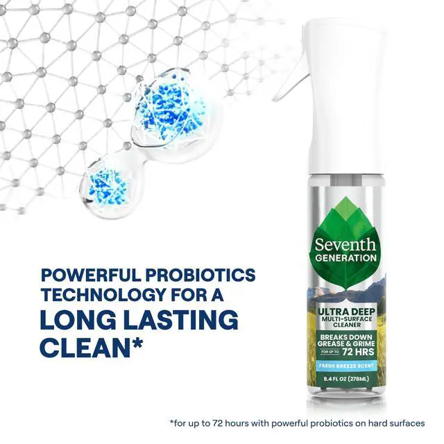 Alt view image 3 of 6 - Seventh Generation Ultra Deep Probiotic Multi Surface Cleaner, 9.4 Fl Oz, Fresh Breeze, 80% USDA Biobased All Purpose Cleaning Spray, Breaks Down Tough Grease & Grime, Safe for Kids & Pets
