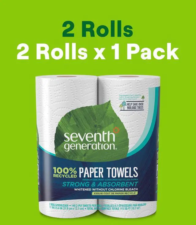 Alt view image 5 of 6 - Seventh Generation 100% Recycled Paper Towels, 2 Regular Rolls, 140 2-Ply Sheets (White) Strong & Absorbent Paper towels for Kitchen, Bathroom & Everyday Cleaning, Whitened Without Chlorine Bleach