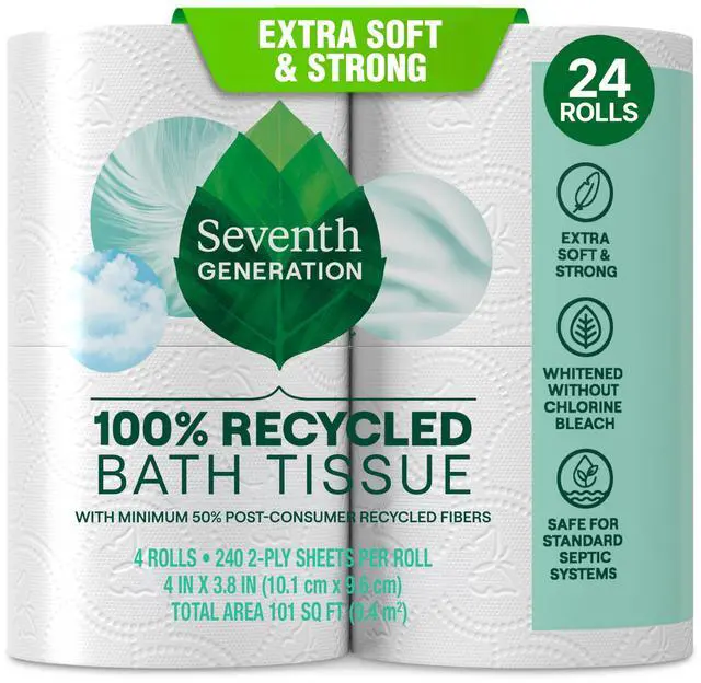 Main image of Seventh Generation Toilet Paper, 100% Recycled 2-Ply Bath Tissue, 4 Rolls of 240 Sheets, Extra Soft & Strong for Home & RV, Whitened without Chlorine Bleach, No Dyes or Fragrances, Septic Safe