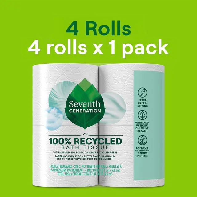 Alt view image 3 of 7 - Seventh Generation Toilet Paper, 100% Recycled 2-Ply Bath Tissue, 4 Rolls of 240 Sheets, Extra Soft & Strong for Home & RV, Whitened without Chlorine Bleach, No Dyes or Fragrances, Septic Safe