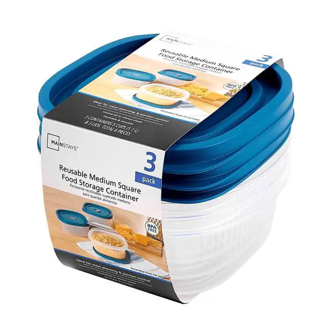Alt view image 2 of 6 - Mainstays Reusable Square Food Storage Container Set, Plastic, 5-Cup, 3-Pack, 3 Containers with Lids
