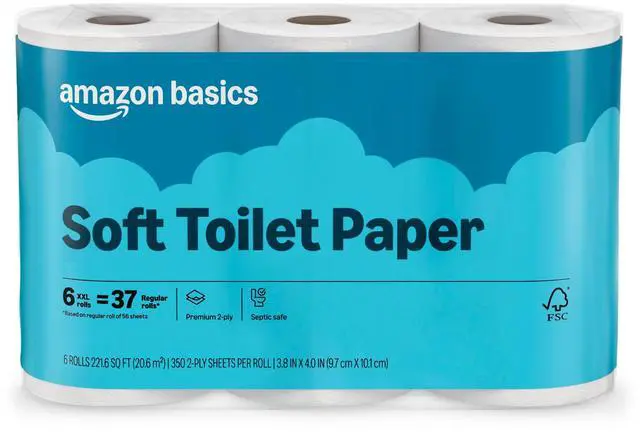 Main image of Amazon Basics 2-Ply Soft Toilet Paper, 6 Rolls, 350 Sheets per Roll, Equivalent to 37 Regular Rolls, Septic Safe