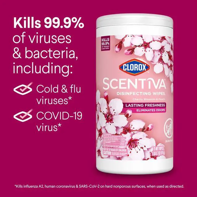 Alt view image 7 of 7 - Clorox Scentiva Disinfecting Wipes, Cherry Blossom and Peach, Antibacterial, 75 Count