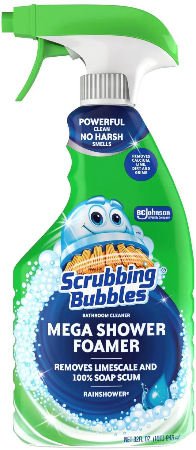 Main image of Scrubbing Bubbles Mega Shower Foamer Disinfecting Spray, Multi-Surface Bathroom and Tile Cleaner Grime Fighter, Removes 100% Soap Scum, Rainshower Scent, 32 oz