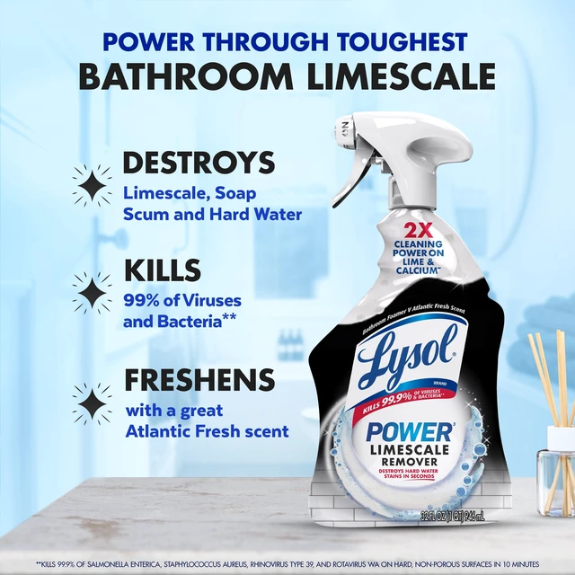Alt view image 5 of 6 - Lysol Power Limescale Remover Bathroom Cleaner Spray, Hard Water Stain Remover, Disinfecting Multipurpose Cleaner, 0% Bleach, Atlantic Fresh Scent, 32 fl oz