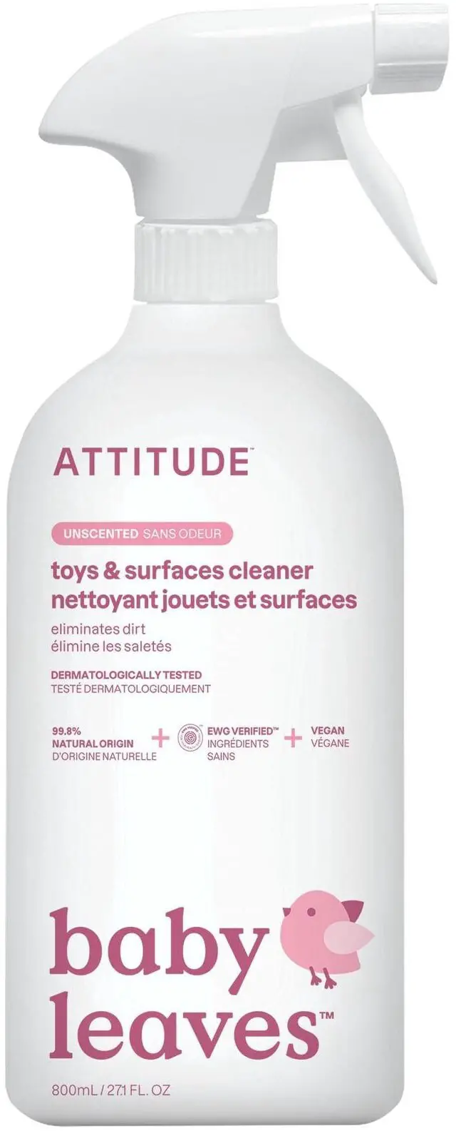 Main image of ATTITUDE Baby & Kids Toy Cleaner Spray, EWG Verified, Multi-Surface Cleaner for Toys, High Chairs & Play Areas, Naturally Derived, Vegan, Unscented, 27.1 Fl Oz
