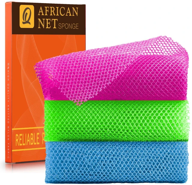 Main image of UJFQBH 3 Pieces African Bath Sponge African Net Long Net Bath Sponge Exfoliating Shower Body Scrubber Back Scrubber Skin Smoother,Great for Daily Use (Rose Red, Blue, Green)