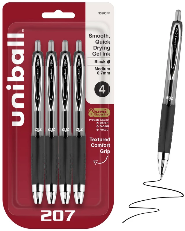 Main image of uniball 207 Gel Pens, Black Ink, 0.7mm Medium Point, Retractable, 4 Count