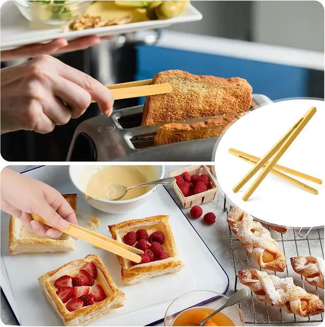 Alt view image 3 of 5 - Reusable Bamboo Toast Tongs 2 Pcs, 7 inch Wooden Toaster Tongs For Cooking & Holding, Nature Wooden Kitchen Utensil For Cheese Bacon Muffin Fruits Bread