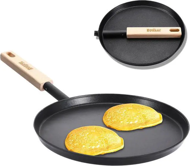 Main image of bodkar Frying Pan Skillet Pre-Seasoned 8-inch Flat Griddle Pan | Lightweight Grill Pan with Wooden Handle for Camping Indoor Outdoor Cooking (Black, 8-inch)