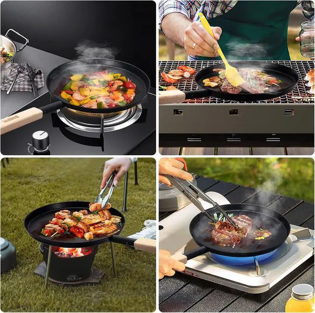 Alt view image 3 of 7 - bodkar Frying Pan Skillet Pre-Seasoned 8-inch Flat Griddle Pan | Lightweight Grill Pan with Wooden Handle for Camping Indoor Outdoor Cooking (Black, 8-inch)