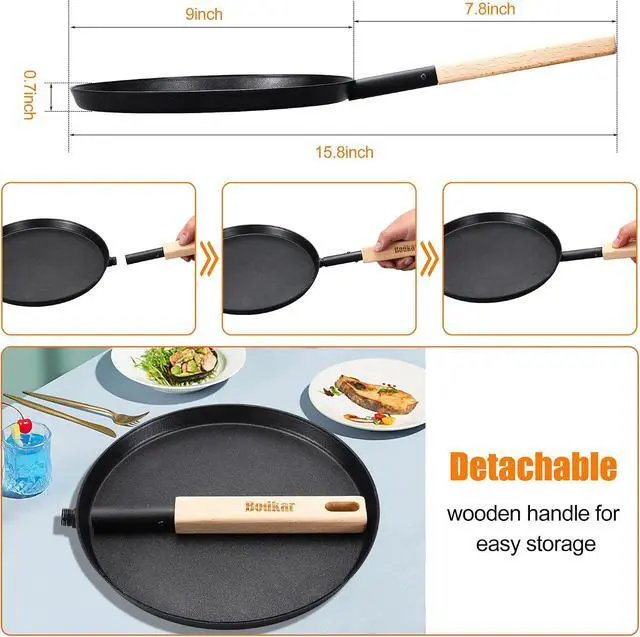 Alt view image 5 of 7 - bodkar Frying Pan Skillet Pre-Seasoned 8-inch Flat Griddle Pan | Lightweight Grill Pan with Wooden Handle for Camping Indoor Outdoor Cooking (Black, 8-inch)