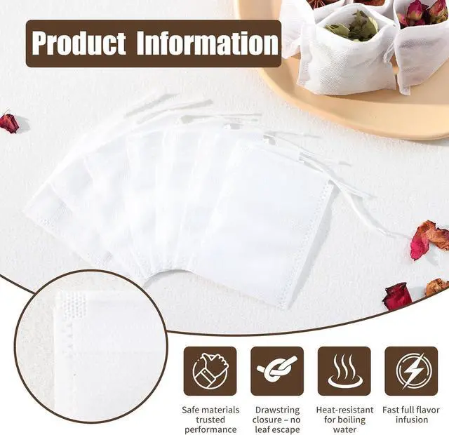 Alt view image 5 of 7 - 300 PCS Disposable Tea Bags for Loose Leaf Tea, Empty Tea Bags | 3.54" x 2.75" Food-Grade Drawstring Tea Filter Sachets, Safe for Hot Water Brewing, for Loose Tea, Coffee, Herbs & Spices