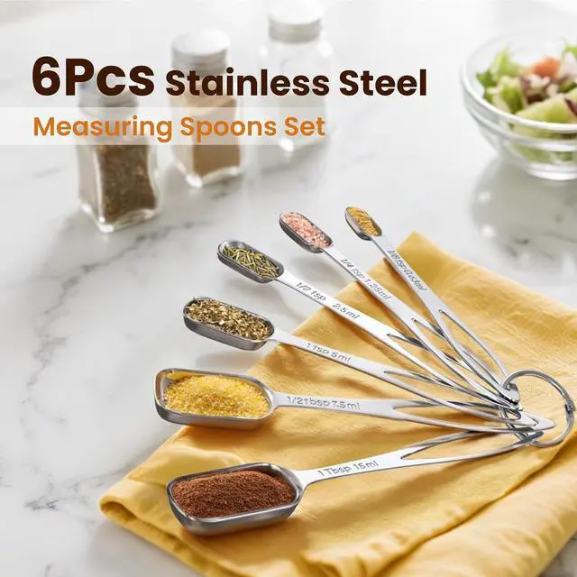 Alt view image 2 of 6 - 6PCS Narrow Measuring Spoons Set, Stainless Steel Measuring Spoon Fits in Spice Jars, Metal Teaspoon Measuring Spoons, Rectangular Tablespoon, Long Measuring Spoons for Dry & Liquid Ingredients
