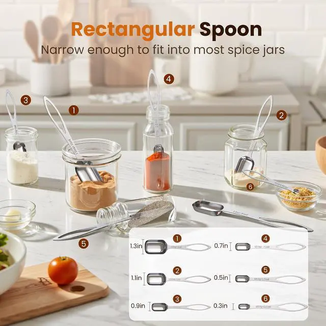 Alt view image 3 of 6 - 6PCS Narrow Measuring Spoons Set, Stainless Steel Measuring Spoon Fits in Spice Jars, Metal Teaspoon Measuring Spoons, Rectangular Tablespoon, Long Measuring Spoons for Dry & Liquid Ingredients