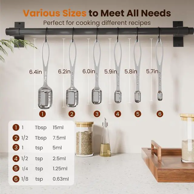 Alt view image 4 of 6 - 6PCS Narrow Measuring Spoons Set, Stainless Steel Measuring Spoon Fits in Spice Jars, Metal Teaspoon Measuring Spoons, Rectangular Tablespoon, Long Measuring Spoons for Dry & Liquid Ingredients
