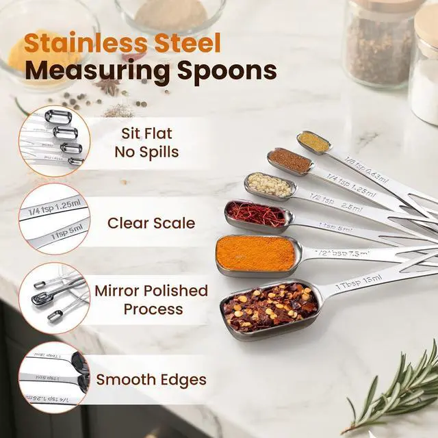 Alt view image 6 of 6 - 6PCS Narrow Measuring Spoons Set, Stainless Steel Measuring Spoon Fits in Spice Jars, Metal Teaspoon Measuring Spoons, Rectangular Tablespoon, Long Measuring Spoons for Dry & Liquid Ingredients