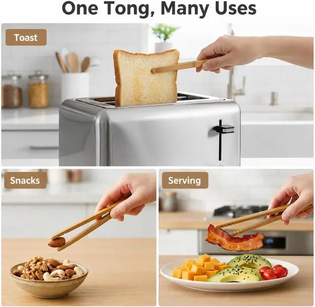 Alt view image 3 of 7 - I-MART Bamboo Toaster Tongs 7 Inch Set of 2, Wooden Toast Tongs for Small Kitchen Use, Bagels, English Muffins, Waffles, Tea Bags, Pickles and Charcuterie Serving