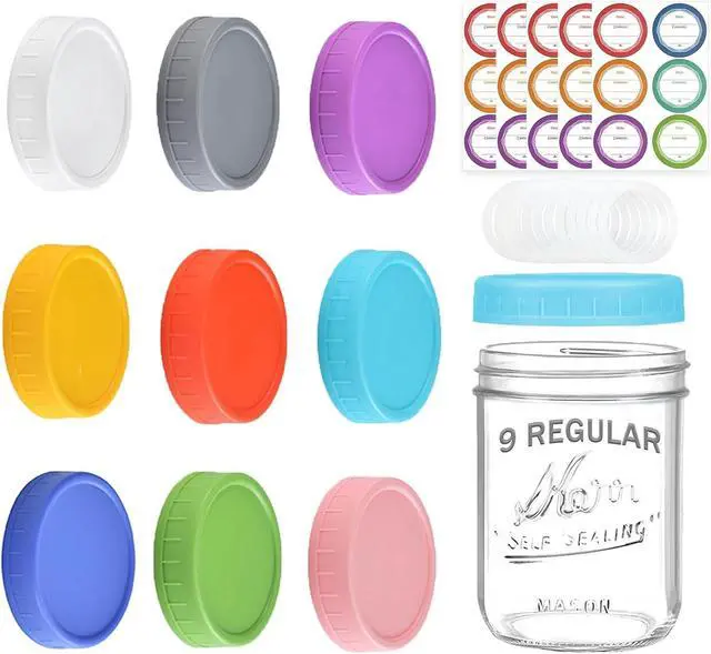Main image of Mason Jar Lids Regular Mouth, 9 Pack, Plastic Leak-Proof Canning Lids | Reusable Mason Jar Tops with Silicone Rings and Removable Labels for Ball, Kerr and More, Thickened & Dishwasher Safe