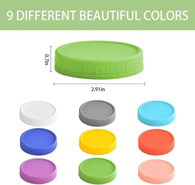 Alt view image 3 of 7 - Mason Jar Lids Regular Mouth, 9 Pack, Plastic Leak-Proof Canning Lids | Reusable Mason Jar Tops with Silicone Rings and Removable Labels for Ball, Kerr and More, Thickened & Dishwasher Safe