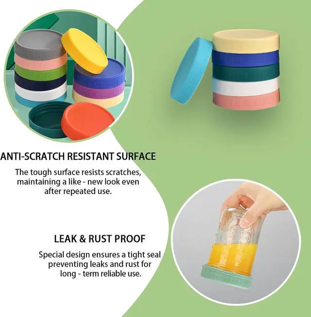 Alt view image 5 of 7 - Mason Jar Lids Regular Mouth, 9 Pack, Plastic Leak-Proof Canning Lids | Reusable Mason Jar Tops with Silicone Rings and Removable Labels for Ball, Kerr and More, Thickened & Dishwasher Safe