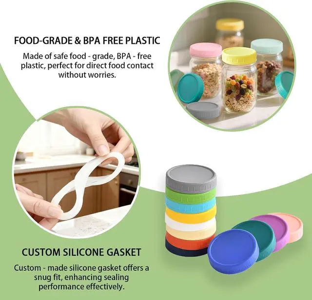 Alt view image 6 of 7 - Mason Jar Lids Regular Mouth, 9 Pack, Plastic Leak-Proof Canning Lids | Reusable Mason Jar Tops with Silicone Rings and Removable Labels for Ball, Kerr and More, Thickened & Dishwasher Safe