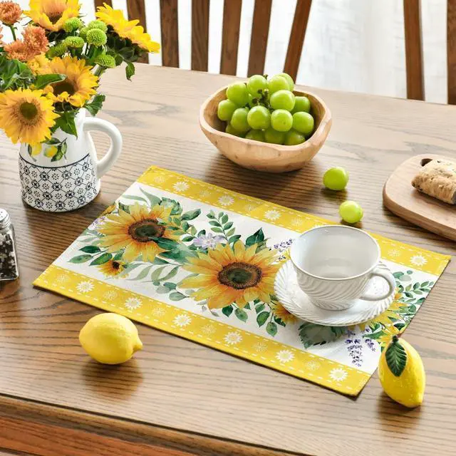 Alt view image 3 of 7 - Artoid Mode Sunflowers Leaves Flower Summer Placemats Set of 4, 12x18 Inch Seasonal Holiday Table Mats for Party Kitchen Dining Decoration