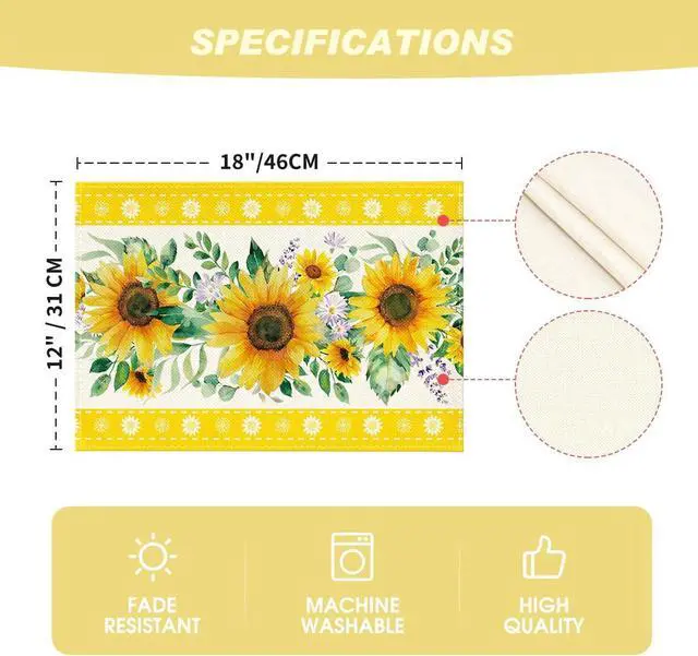 Alt view image 7 of 7 - Artoid Mode Sunflowers Leaves Flower Summer Placemats Set of 4, 12x18 Inch Seasonal Holiday Table Mats for Party Kitchen Dining Decoration