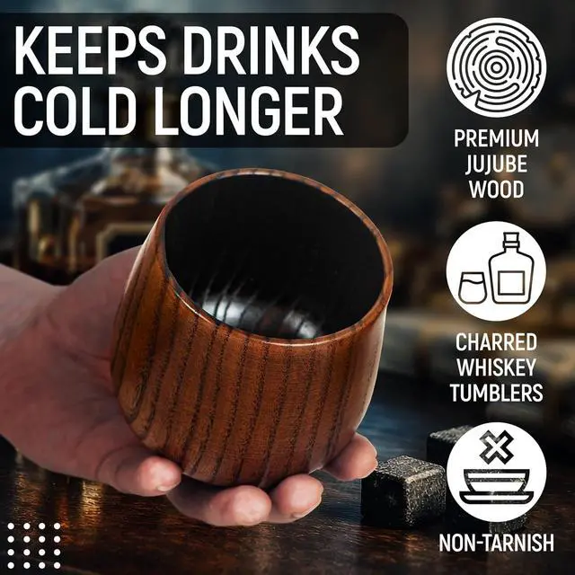 Alt view image 3 of 7 - Granatan Charred Jujube Wooden Whiskey Cup, 10 oz Bourbon Drinking Glass | Old Fashioned Tumbler, Gift for Dad, Husband, Brother, Boyfriend