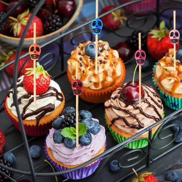 Alt view image 2 of 7 - Boao 200 Pieces Halloween skulls toothpick for Appetizers,Bright Skull | Bamboo Fruit cocktail sugar skull toothpicks, Sandwich Appetizer Skewers for Halloween Birthday Party Festive Decorations