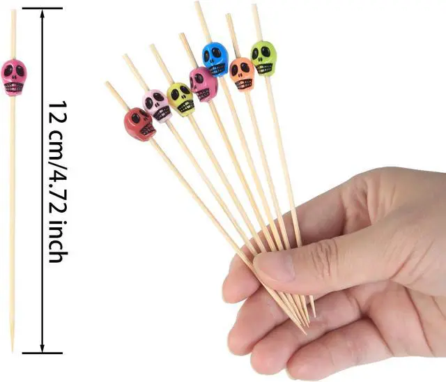 Alt view image 3 of 7 - Boao 200 Pieces Halloween skulls toothpick for Appetizers,Bright Skull | Bamboo Fruit cocktail sugar skull toothpicks, Sandwich Appetizer Skewers for Halloween Birthday Party Festive Decorations