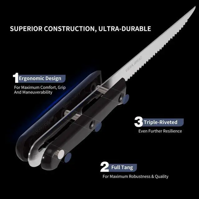 Alt view image 3 of 6 - SUNALND Steak Knives Set,Micro Serrated Edge Full Tang Triple Riveted Steak Knife (4)