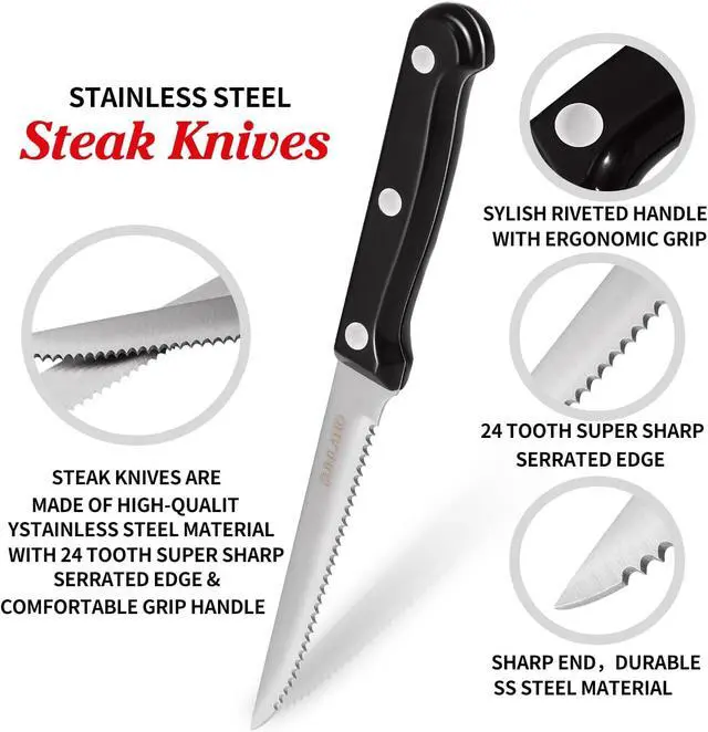 Alt view image 2 of 6 - SUNALND Steak Knives Set,Micro Serrated Edge Full Tang Triple Riveted Steak Knife (4)