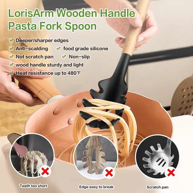 Alt view image 2 of 4 - LorisArm Wooden Handle Pasta Fork Spoon 12" Silicone Spaghetti Fork Food Grade Noodle Spoon, BPA Free, Spaghetti Spoons Strainer & Server Spoonss