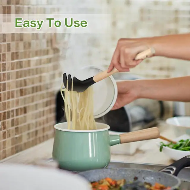 Alt view image 3 of 4 - LorisArm Wooden Handle Pasta Fork Spoon 12" Silicone Spaghetti Fork Food Grade Noodle Spoon, BPA Free, Spaghetti Spoons Strainer & Server Spoonss